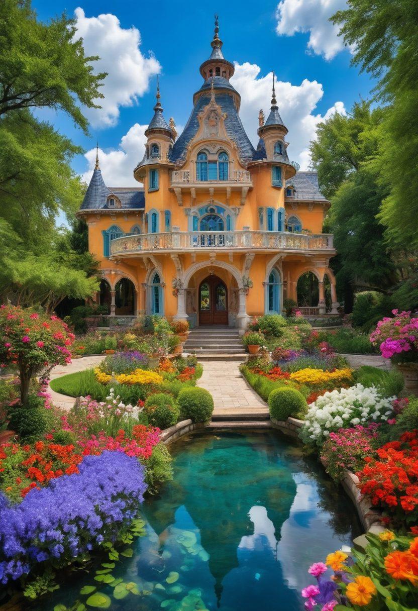 A whimsical dream palace set in a vibrant, lush garden filled with colorful flowers and sparkling fountains. The palace features unique architectural elements like turrets and balconies, with playful children and happy families enjoying the surroundings. The sky is bright blue with fluffy clouds, evoking a sense of joy and wonder. The overall atmosphere is cheerful and enchanting. vibrant colors. fantasy art.