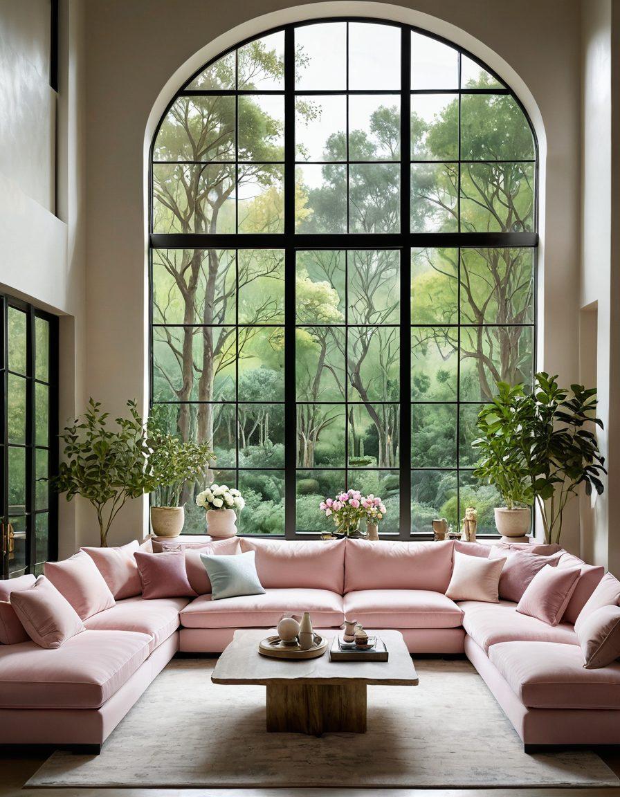 A serene interior of a home fortress with cozy, inviting spaces designed for comfort and joy. Include elements like plush sofas, warm lighting, surrounded by nature through large windows, and decor that reflects personal happiness. Show a family enjoying their environment, emphasizing harmony and delight. soft colors. painting.