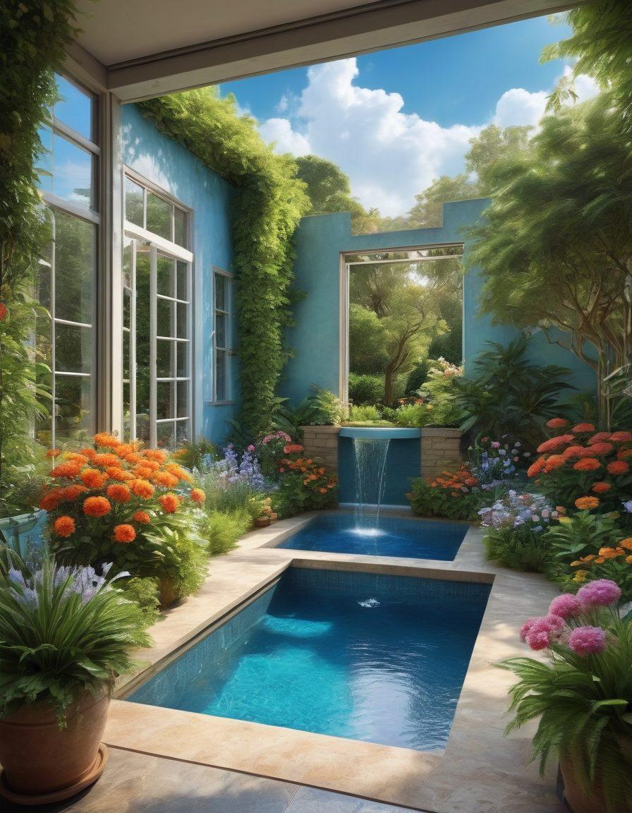 A serene and vibrant home surrounded by lush greenery, featuring cozy nooks filled with soft cushions and bright flowers. Large windows allow sunlight to pour in, illuminating cheerful decor and artwork. Include a peaceful garden with a flowing fountain, symbolizing tranquility and joy. The sky is blue with fluffy clouds, creating a sense of bliss. super-realistic. vibrant colors. 3D.